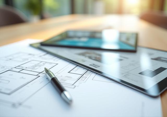 Close up of architectural interior design plans and a digital tablet on a clean wooden desk