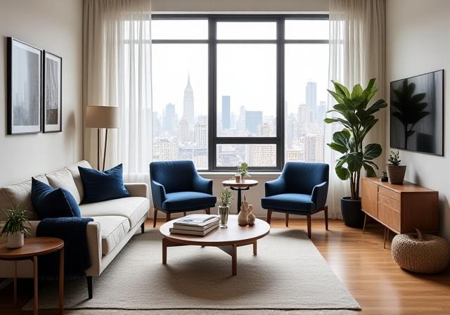 Stylish modern New York City apartment living room with budget-friendly decor
